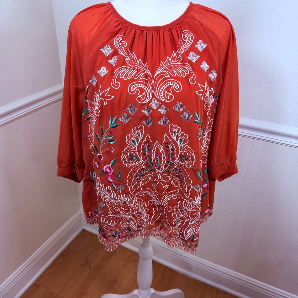 Soft Surroundings Burnt Orange Embroidered Floral Blouse Scalloped Hem Size PM‎